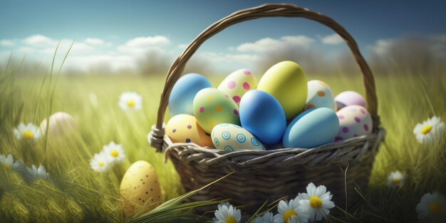 Huevos de Pascua en una canasta en un campo de flores.