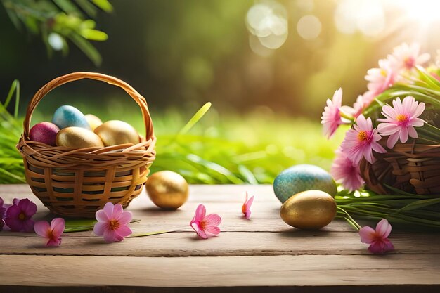 huevos de pascua en una canasta con flores en el fondo