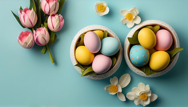 Huevos de Pascua en una canasta con flores sobre un fondo azul.