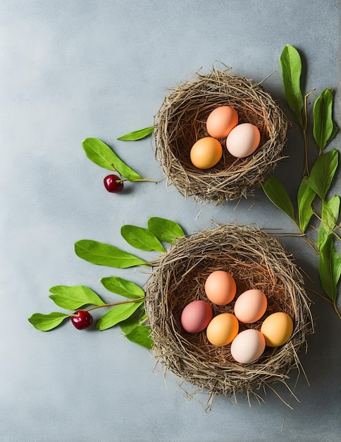 huevos de pascua en canasta y flores sobre fondo de madera