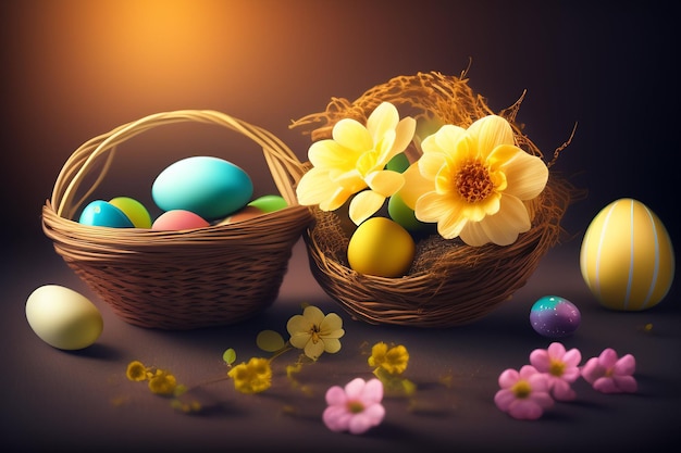 Huevos de pascua en una canasta con flores sobre un fondo oscuro