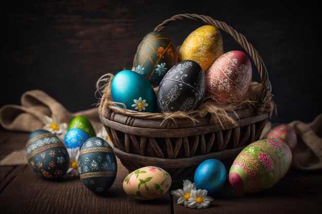 Huevos de pascua en una canasta con flores sobre la mesa