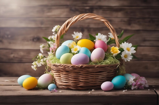 Huevos de Pascua en una canasta y flores.