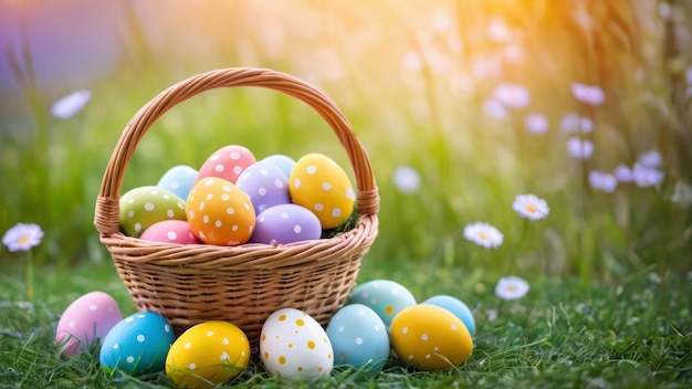 Foto huevos de pascua en una canasta en la hierba verde con flores de primavera en un día soleado