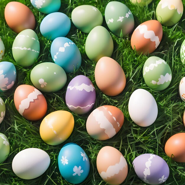 huevos de Pascua con canasta en hierba verde fresca sobre fondo blanco