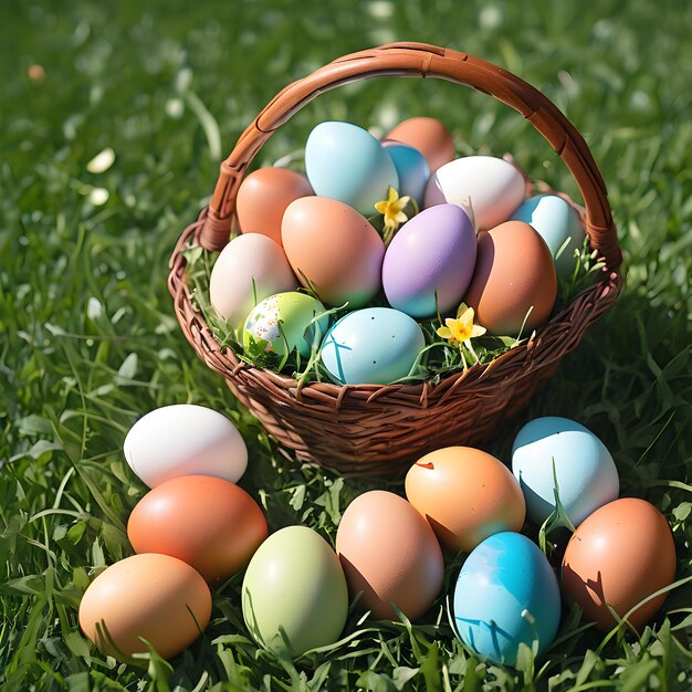 huevos de Pascua con canasta en hierba verde fresca sobre fondo blanco