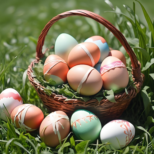 huevos de Pascua con canasta en hierba verde fresca sobre fondo blanco