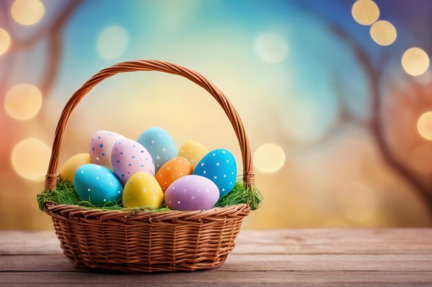 Huevos de Pascua en una canasta en una mesa de madera al aire libre en un día soleado