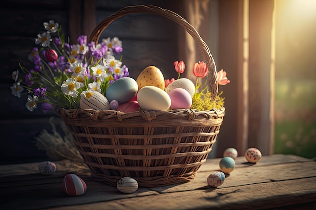 Huevos de Pascua en canasta en mesa de madera envejecida en Spring Garden Ilustración AI generativo