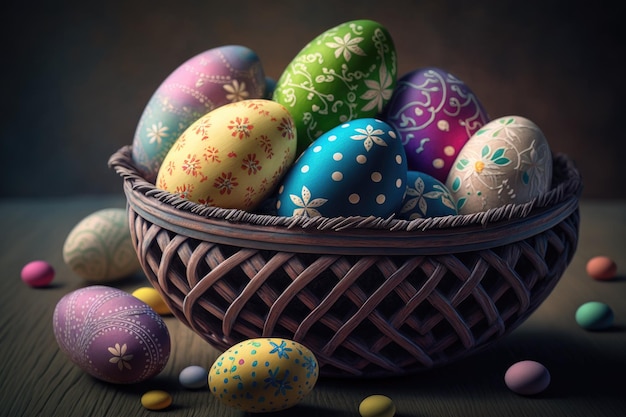 Huevos de pascua en una canasta con patrones coloridos