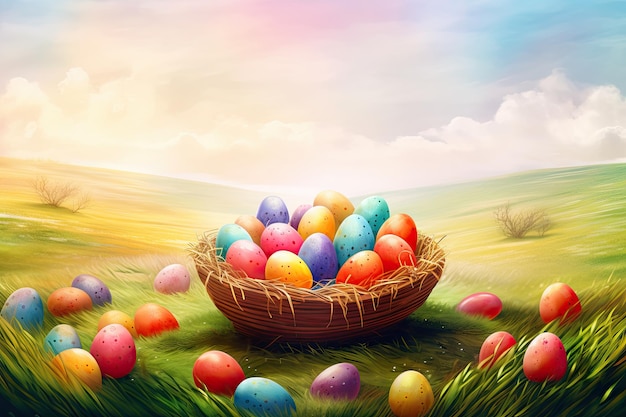 Huevos de Pascua en una canasta en un prado verde y un fondo de cielo azul generados por la IA