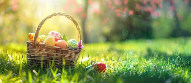 Huevos de Pascua en una canasta sentados en la exuberante hierba verde durante un día soleado