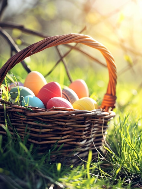 Huevos de Pascua en una canasta sobre hierba verde