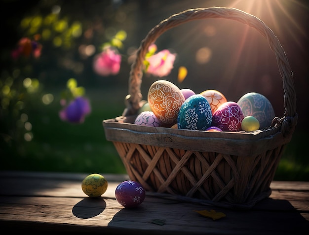 Huevos de Pascua en una canasta sobre una mesa de madera