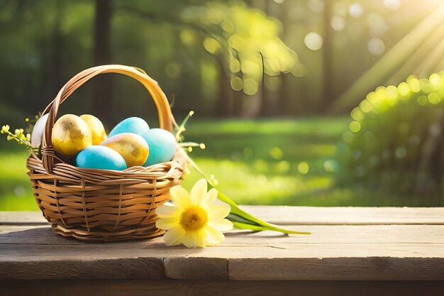 Huevos de Pascua en una canasta sobre una mesa de madera