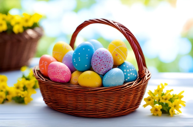 Huevos de Pascua en una canasta sobre una mesa