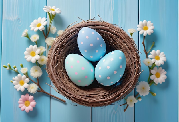 Huevos de Pascua en una canasta en el suelo de madera