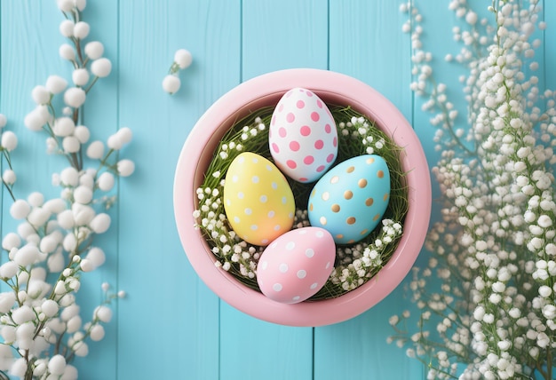 Huevos de Pascua en una canasta en el suelo de madera