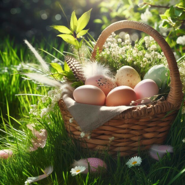 Huevos de Pascua en una canasta tejida escondidos en la hierba verde de la primavera