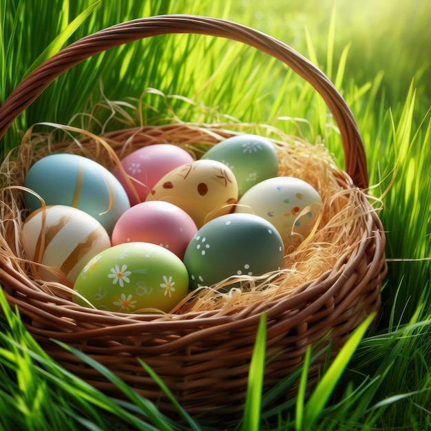 Huevos de Pascua en una canasta tejida escondidos en la hierba verde de la primavera