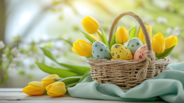 Huevos de Pascua en la canasta con tulipanes amarillos en la mesa