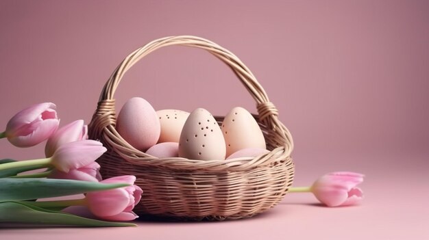 Huevos de pascua en una canasta y tulipanes sobre un fondo rosa generativo ai