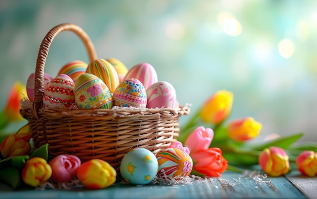 Huevos de Pascua en una canasta entre tulipanes