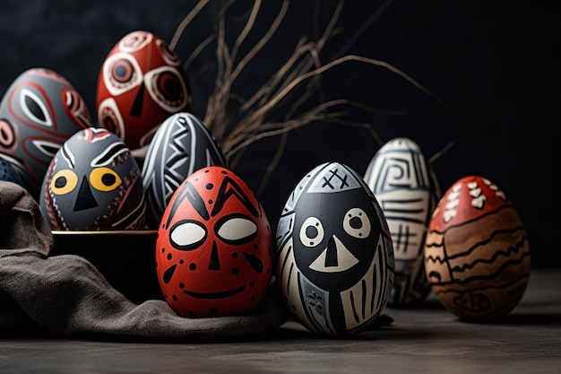 Huevos de Pascua con cara pintada y espacio de copia