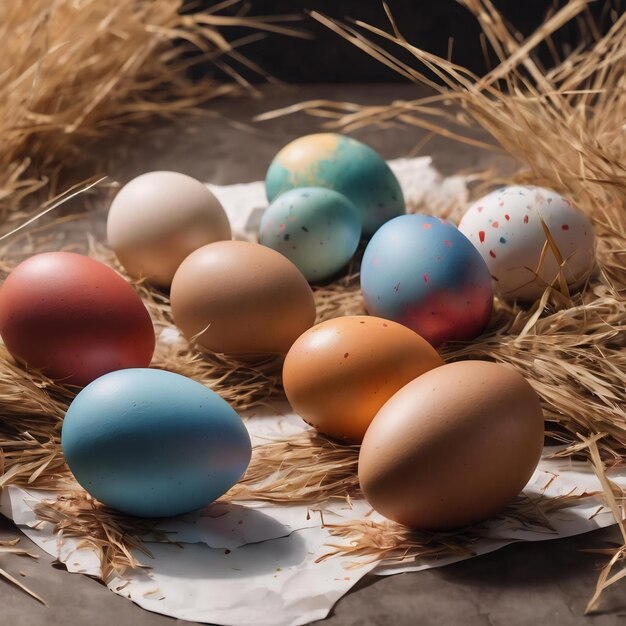 Huevos de Pascua cerca de la cuchara en el papel y el pincel en la lata de tinte entre la hierba seca y las manchas