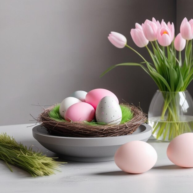 Huevos de Pascua en una cesta de mimbre con flores de primavera