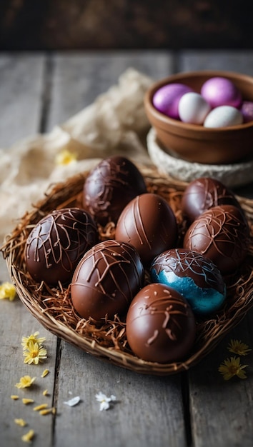 Huevos de Pascua de chocolate en una canasta