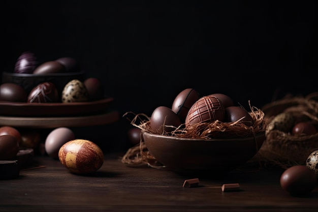 Huevos de Pascua de chocolate en un cuenco sobre un fondo de madera oscura generado por la IA