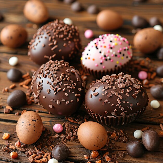 Foto los huevos de pascua de chocolate están en una mesa con chocolates y chocolates