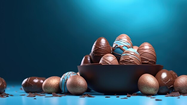 Foto huevos de pascua de chocolate en un tazón con chocolates esparcidos por todas partes