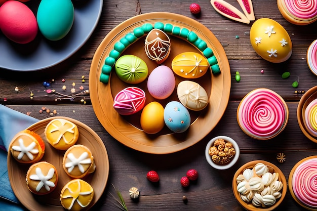 huevos de pascua en un círculo con un fondo de madera y un cartel que dice "dios" en la parte superior.