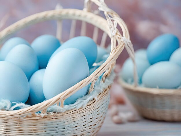 Huevos de Pascua de color pastel en una canasta de mimbre