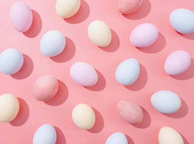 Huevos de pascua de color pastel con patrón de sombras duras sobre fondo rosa