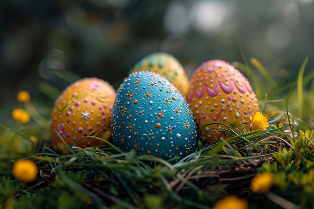 huevos de Pascua coloreados en una canasta en el césped