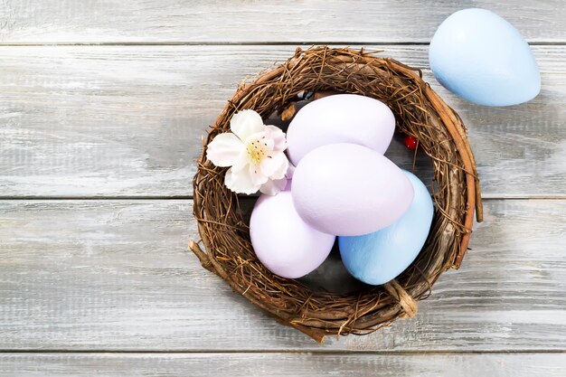 Foto huevos de pascua coloreados en una cesta con flores de primavera en una pared gris de madera. felices pascuas. lay flat