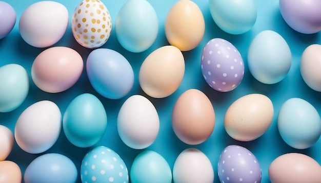 Huevos de Pascua coloreados en un fondo azul generados por la IA