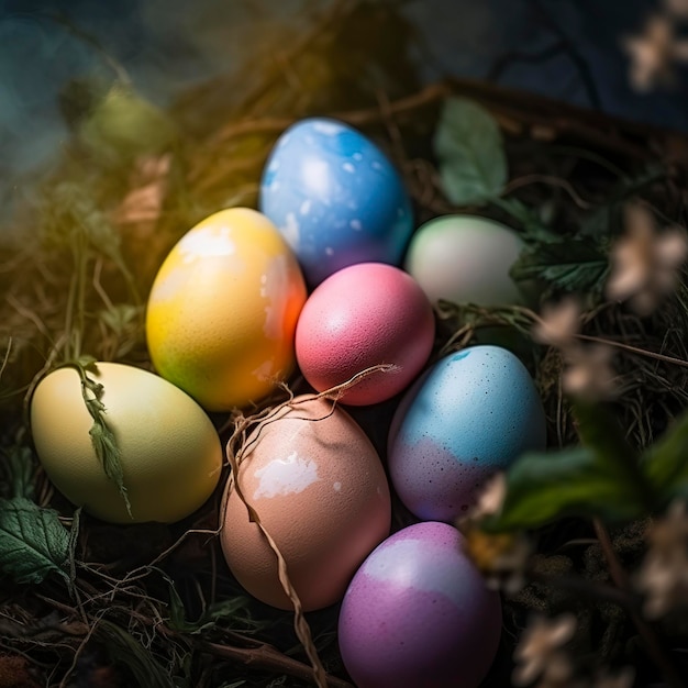 Huevos de Pascua coloreados fondo natural Generar Ai