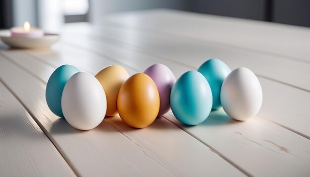 Huevos de Pascua coloreados en la mesa generados por la IA