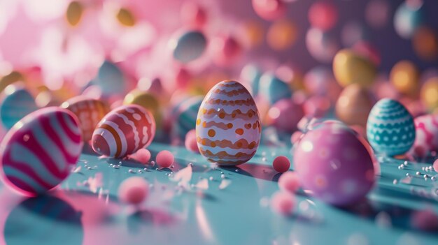 Foto los huevos de pascua de colores brillantes están esparcidos en una superficie azul generativa ai