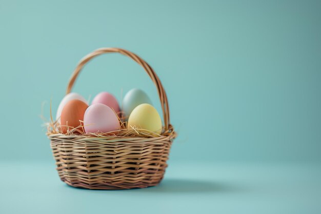 Huevos de Pascua de colores en una canasta aislada sobre un fondo azul