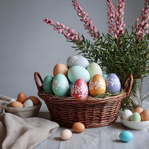 Huevos de Pascua de colores en una canasta de mimbre con flores de primavera