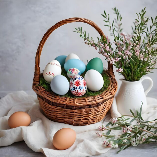 Huevos de Pascua de colores en una canasta de mimbre con flores de primavera