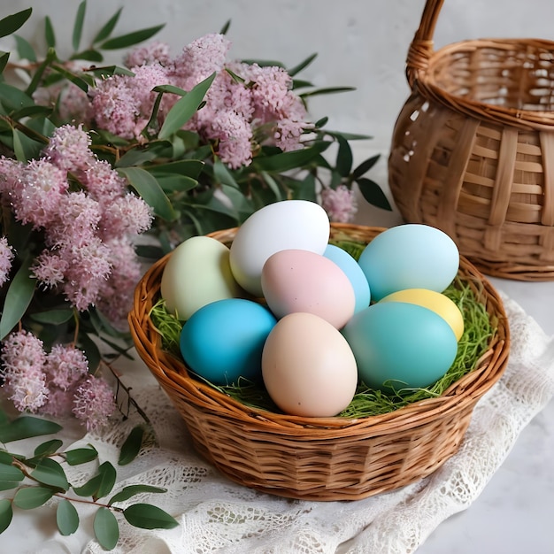 Huevos de Pascua de colores en una canasta de mimbre con flores de primavera