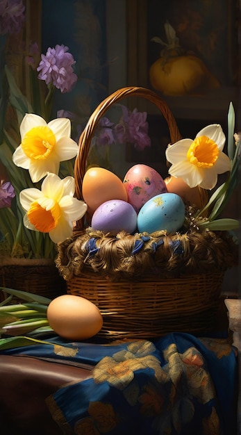 Huevos de Pascua de colores en una canasta de mimbre