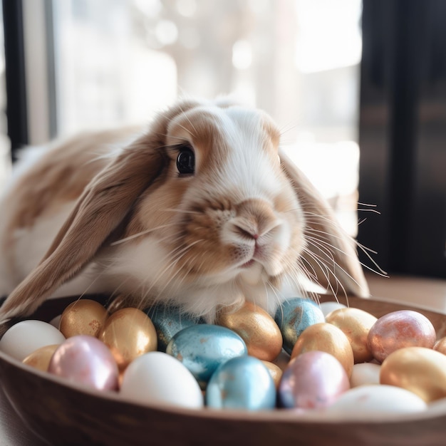 Huevos de Pascua de colores y el conejito de Pascua Felices Pascuas