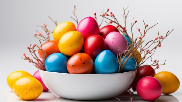 Huevos de Pascua de colores en un cuenco de cerámica blanca en la mesa Las ramas del árbol están cerca